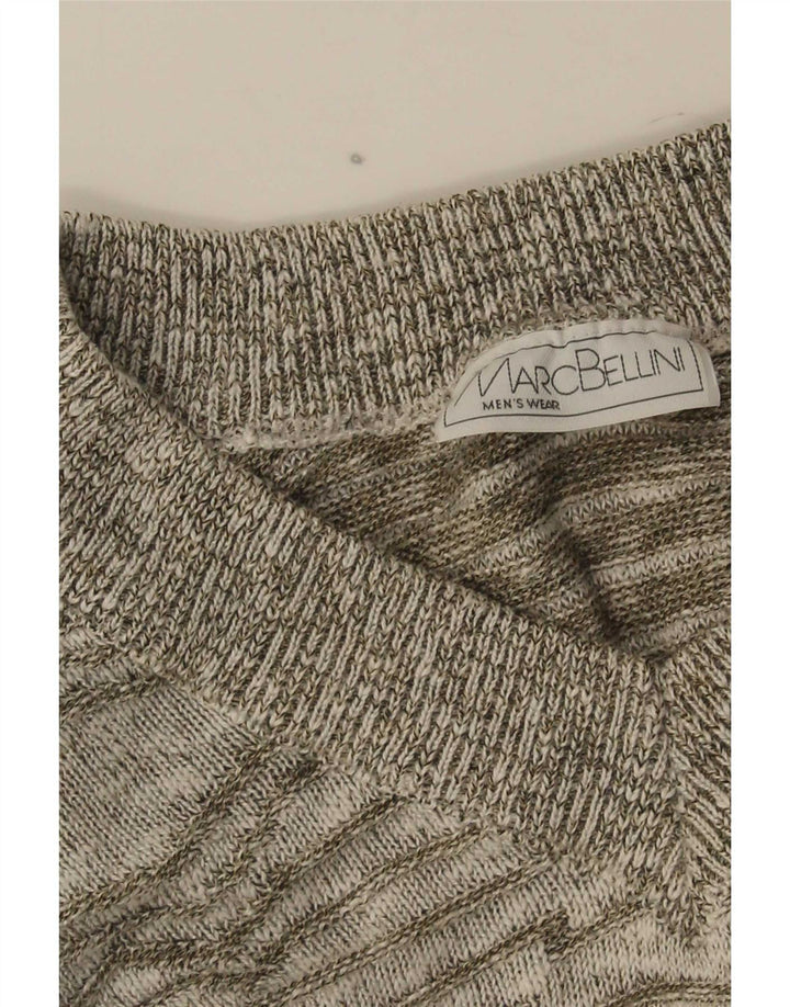 Vintage Mens V-Neck Jumper Sweater Medium Grey Striped