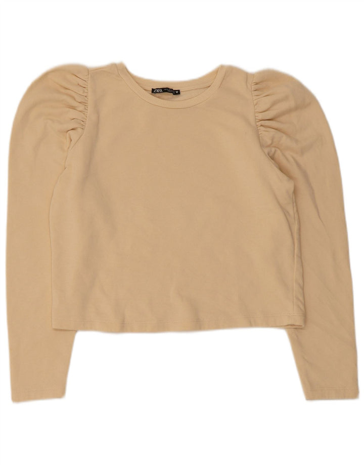 Zara Womens Crop Top Long Sleeve UK 10 Small Beige Cotton