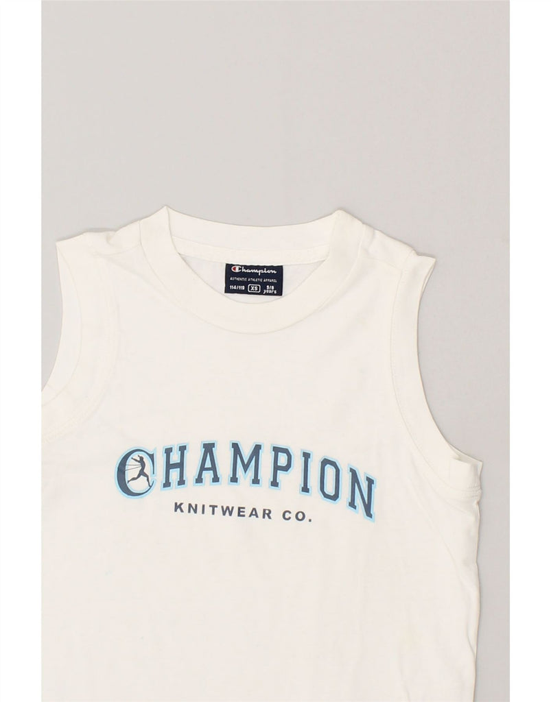 CHAMPION Boys Graphic Vest Top 5-6 Years XS White Cotton | Vintage Champion | Thrift | Second-Hand Champion | Used Clothing | Messina Hembry 