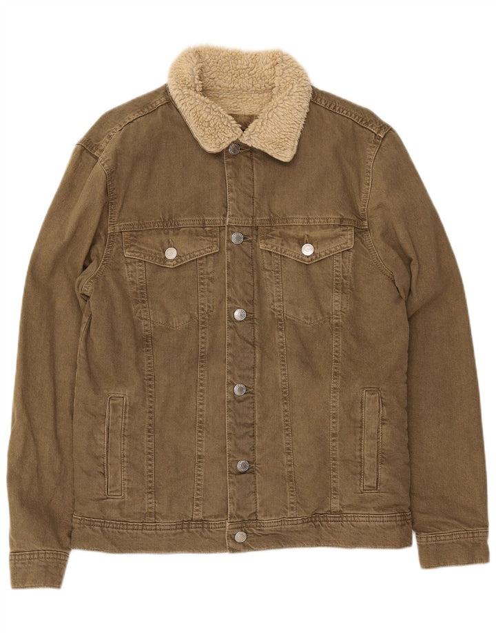 Zara Mens Sherpa Denim Jacket UK 38 Medium Khaki Cotton
