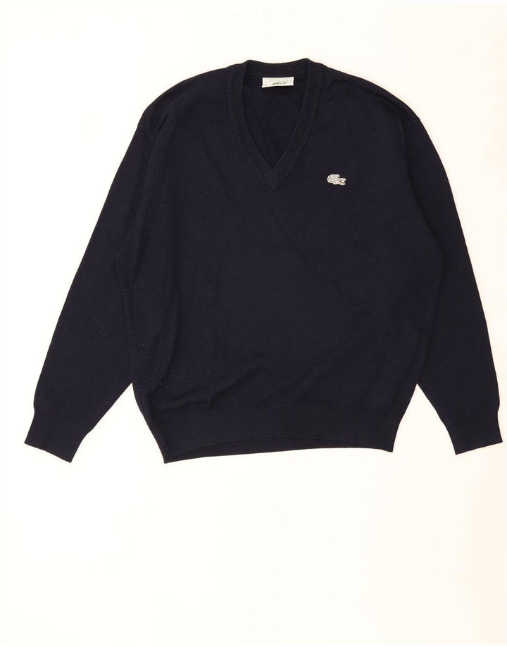 Lacoste Mens V-Neck Jumper Sweater Size 5 Large Navy Blue Wool
