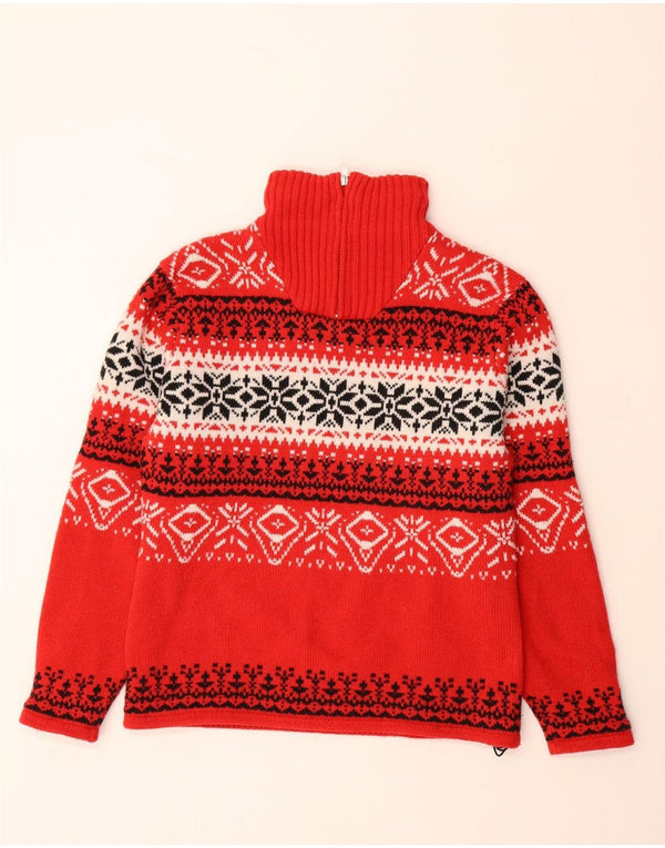 VINTAGE Womens Zip Neck Jumper Sweater UK 14 Medium Red Fair Isle Wool