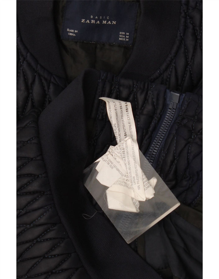Zara Mens Bomber Quilted Jacket UK 38 Medium Navy Blue Polyester