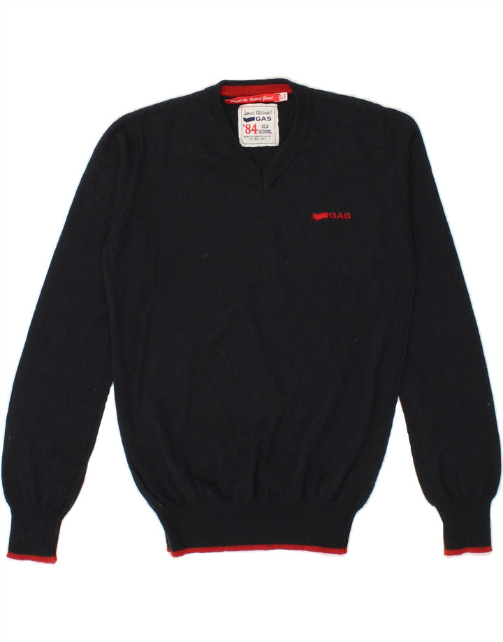 GAS Boys V-Neck Jumper Sweater 11-12 Years Navy Blue Wool Vintage Gas and Second-Hand Gas from Messina Hembry 
