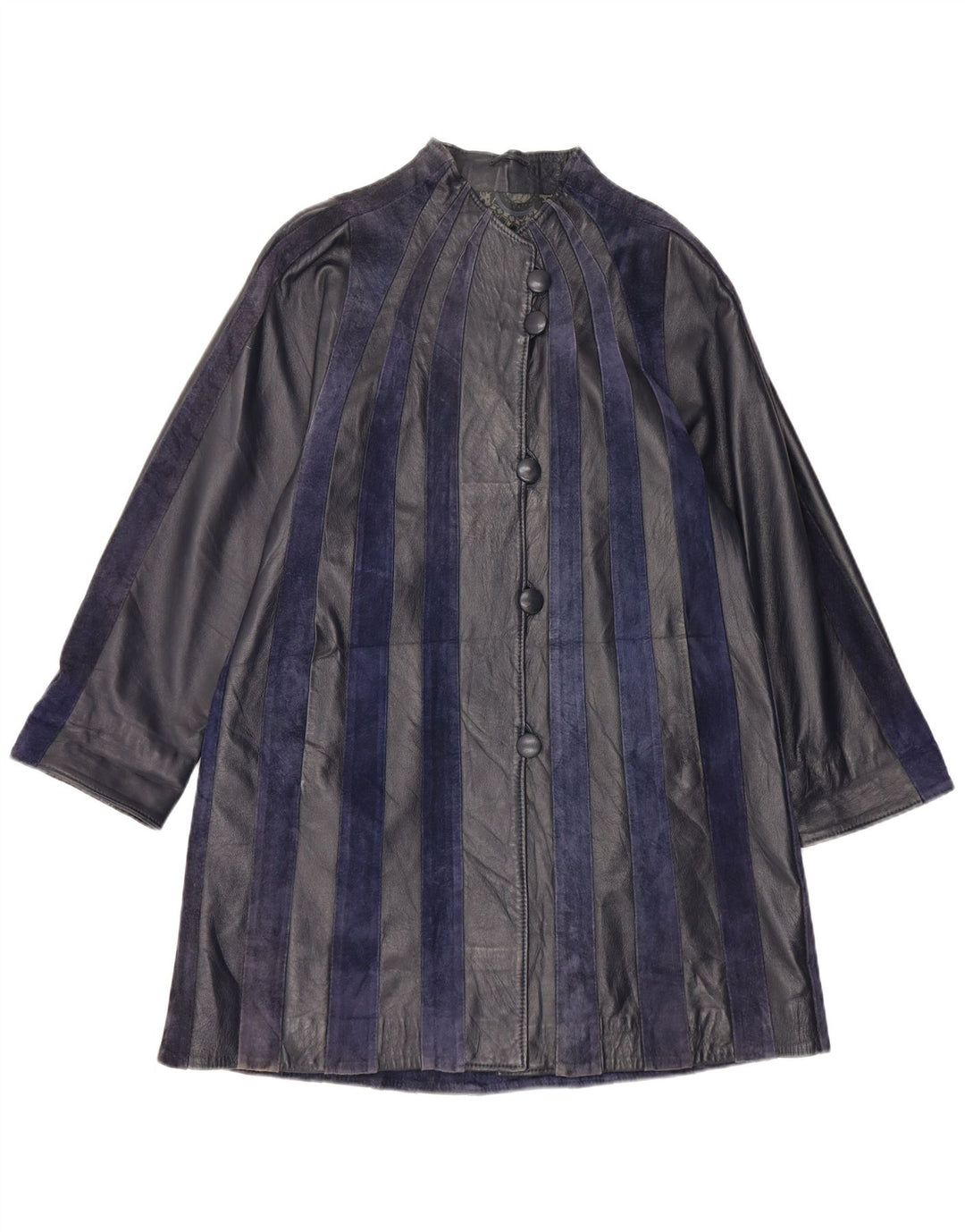 Vintage Womens Leather Coat UK 14 Medium Navy Blue Striped