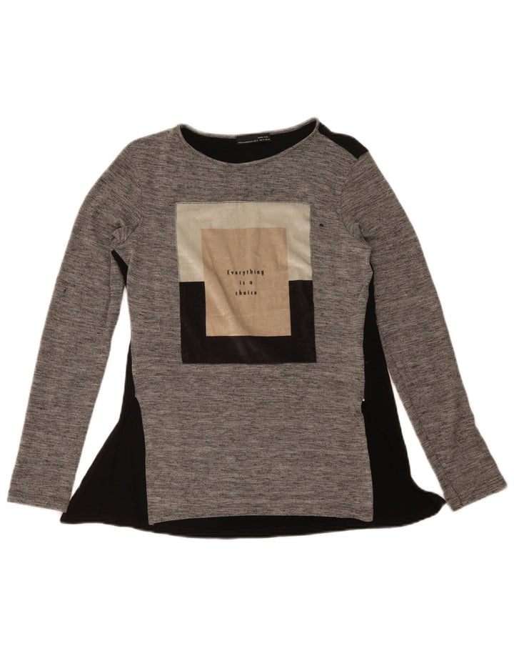Zara Womens Graphic Top Long Sleeve UK 10 Small Grey Colourblock Polyester