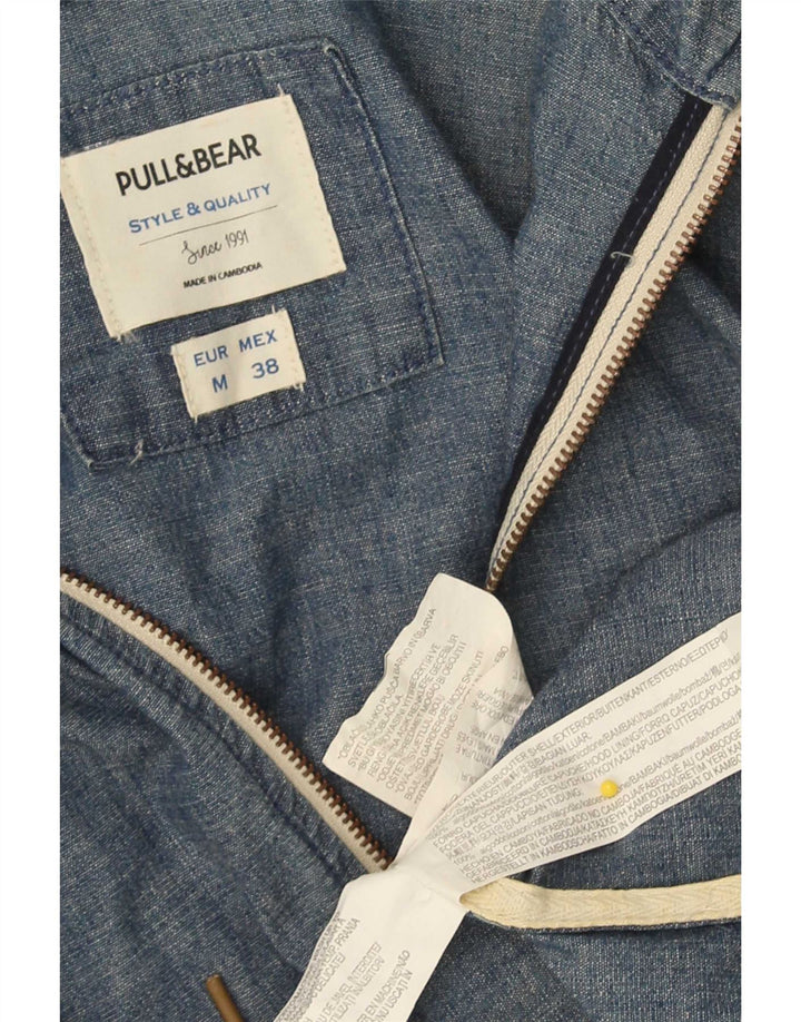 Pull & Bear Mens Hooded Bomber Jacket UK 38 Medium Blue Cotton