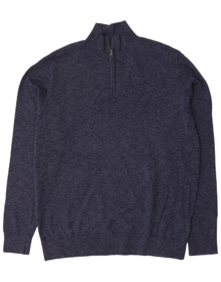 Marks & Spencer Mens Zip Neck Jumper Sweater Large Navy Blue Flecked Cotton