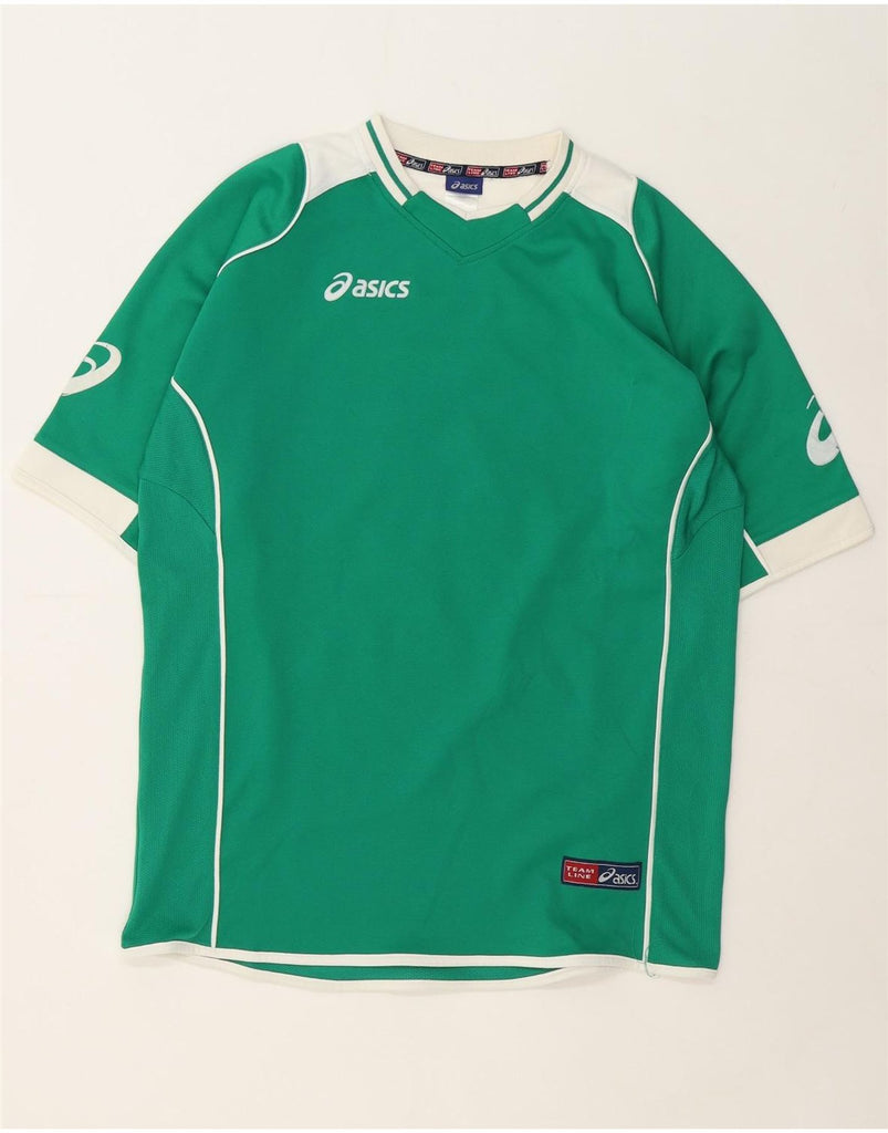 ASICS Mens Cannone 8 Graphic T-Shirt Top Large Green Colourblock Vintage Asics and Second-Hand Asics from Messina Hembry 