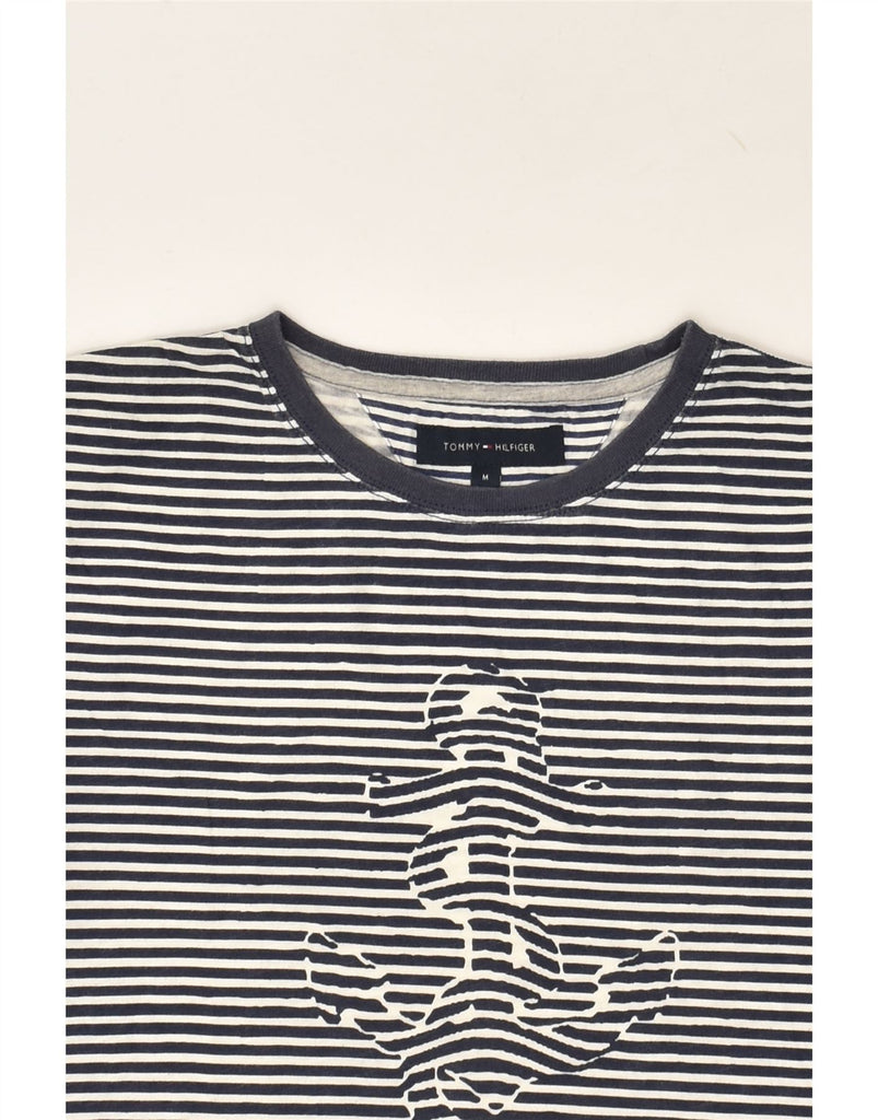 TOMMY HILFIGER Womens Graphic T-Shirt Top UK 14 Medium Navy Blue Striped | Vintage Tommy Hilfiger | Thrift | Second-Hand Tommy Hilfiger | Used Clothing | Messina Hembry 