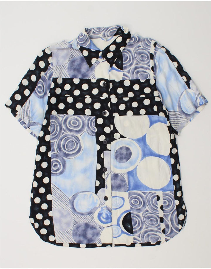 Vintage Womens Short Sleeve Shirt Blouse UK 14 Large Blue Patchwork Viscose