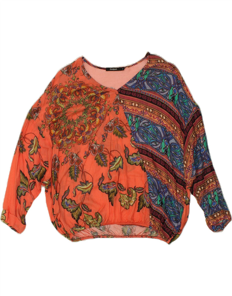 DESIGUAL Womens Long Sleeve Oversized Blouse Top UK 10 Small Orange Floral | Vintage Desigual | Thrift | Second-Hand Desigual | Used Clothing | Messina Hembry 