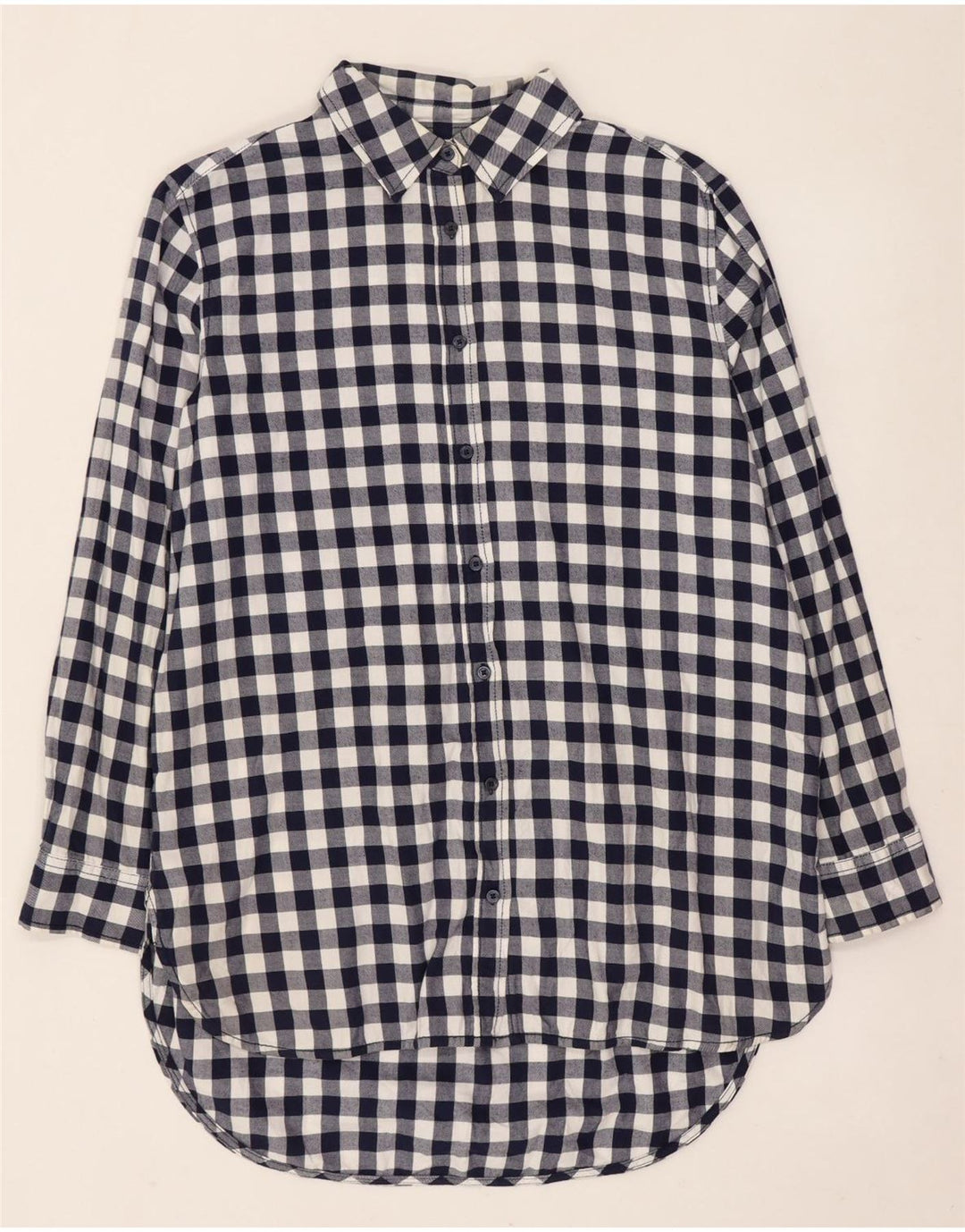 Benetton Womens Longline Flannel Shirt UK 10 Small Navy Blue Gingham