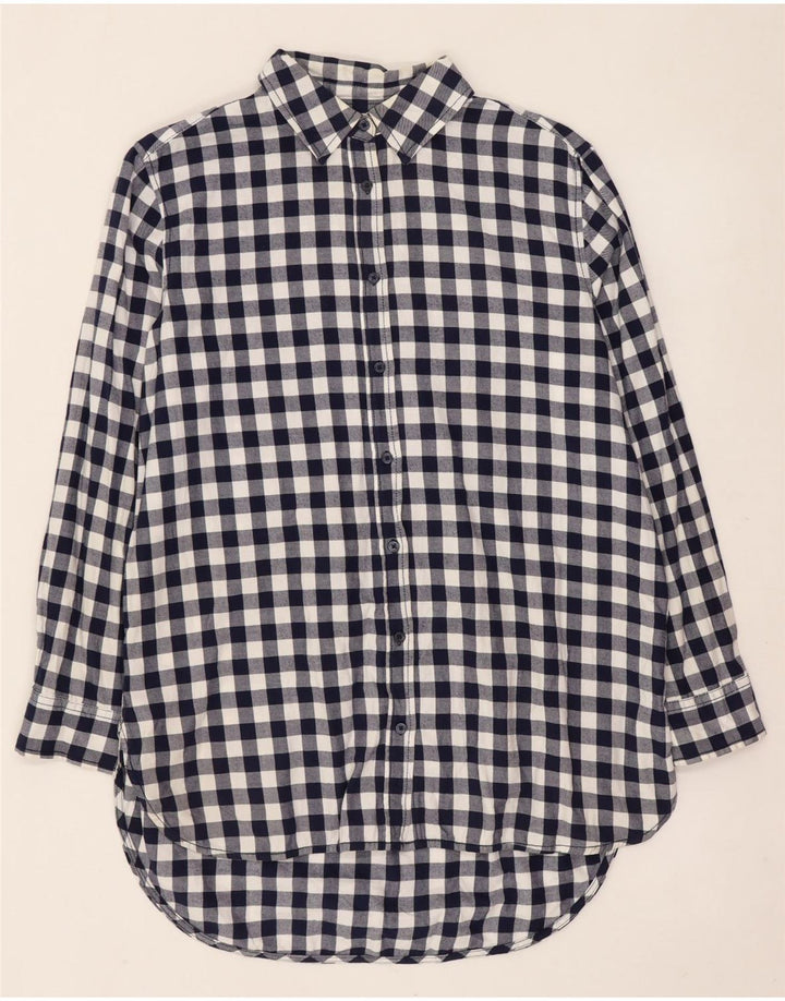 Benetton Womens Longline Flannel Shirt UK 10 Small Navy Blue Gingham