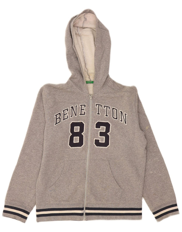 Benetton Boys Graphic Zip Hoodie Sweater 10-11 Years XL Grey Cotton
