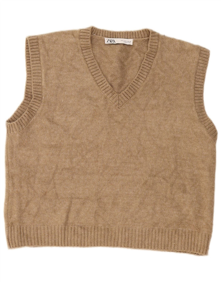 Zara Womens Crop Vest Tank Top UK 16 Large Beige Polyester