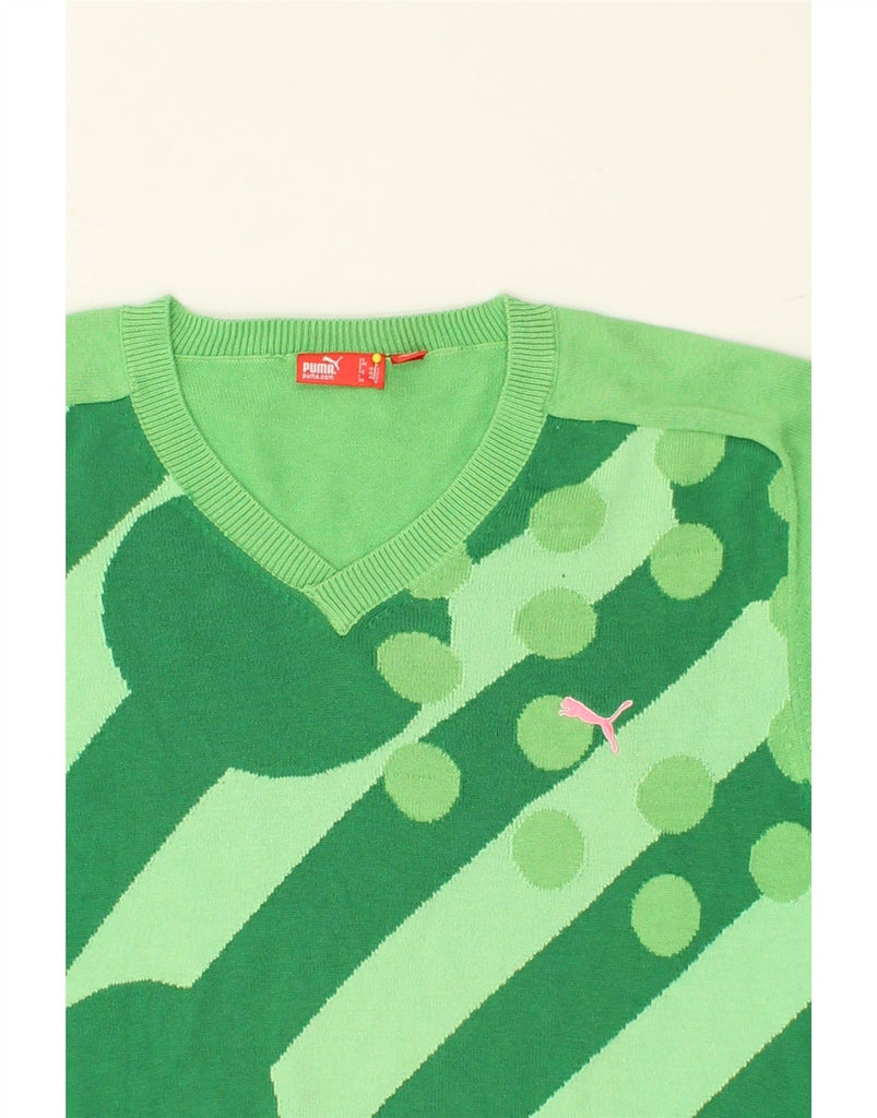 PUMA Womens Graphic V-Neck Jumper Sweater UK 14 Medium Green Striped | Vintage Puma | Thrift | Second-Hand Puma | Used Clothing | Messina Hembry 