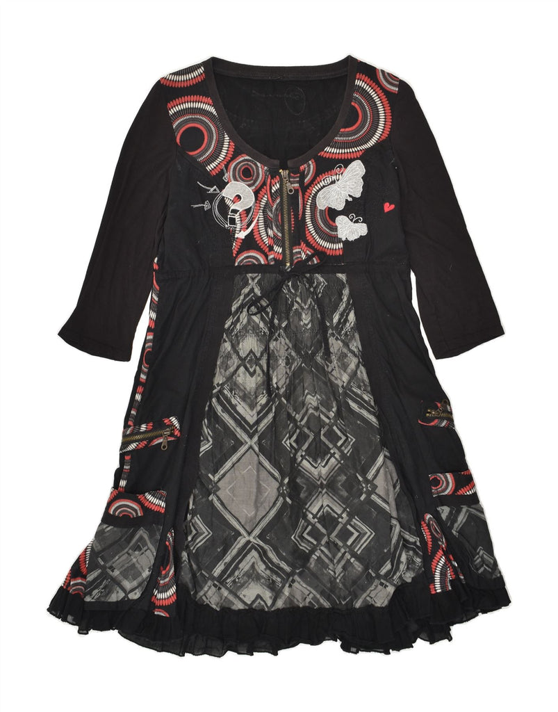 DESIGUAL Womens 3/4 Sleeve Empire Dress UK 14 Large Black Geometric | Vintage Desigual | Thrift | Second-Hand Desigual | Used Clothing | Messina Hembry 