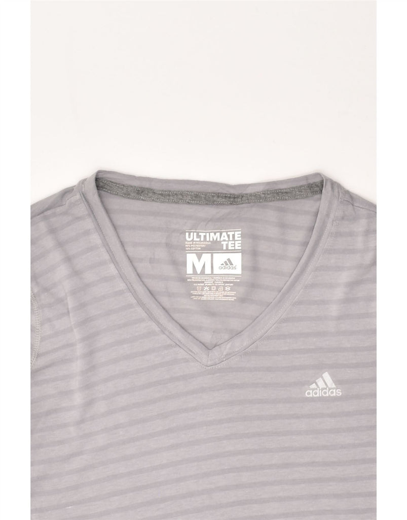 ADIDAS Womens T-Shirt Top UK 14 Medium Grey Striped Polyester | Vintage Adidas | Thrift | Second-Hand Adidas | Used Clothing | Messina Hembry 