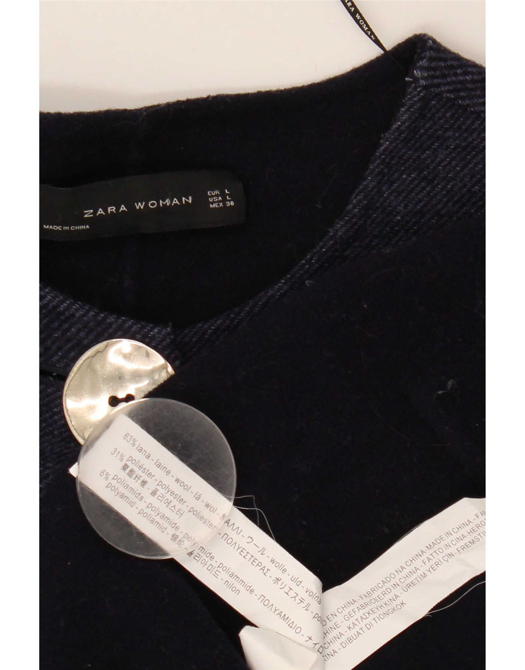 Zara Womens 3/4 Sleeve Oversized Overcoat UK 16 Large Navy Blue Wool