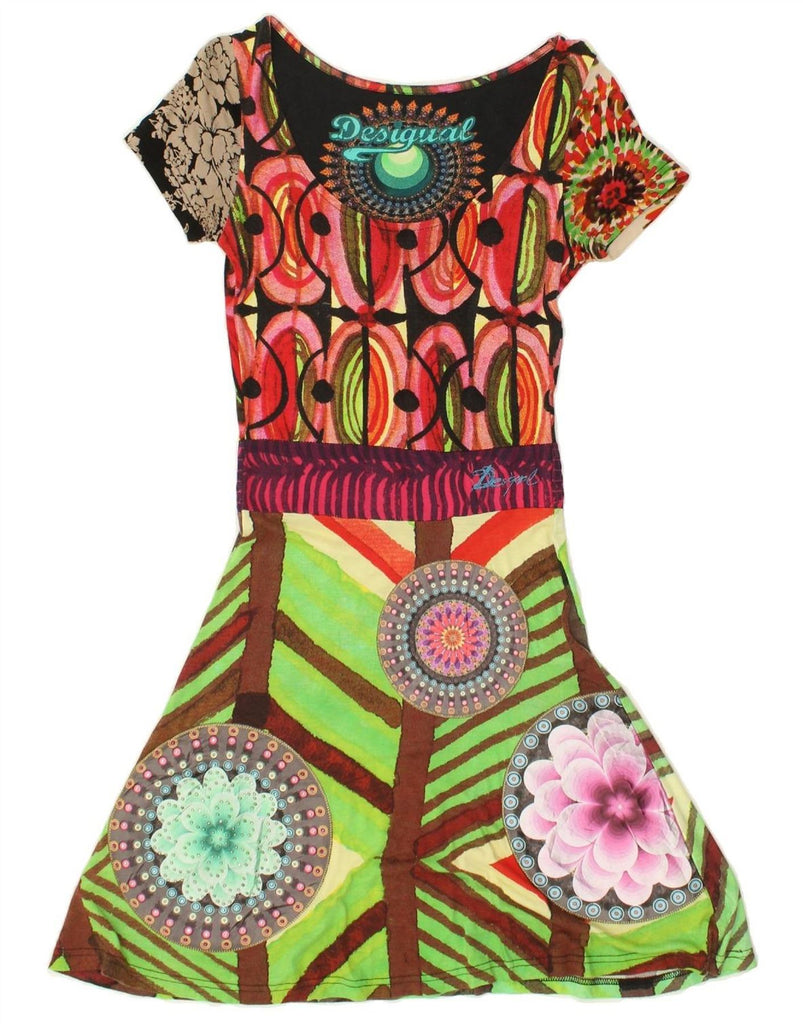 DESIGUAL Womens Graphic Basic Dress UK 6 XS Multicoloured Floral Viscose | Vintage Desigual | Thrift | Second-Hand Desigual | Used Clothing | Messina Hembry 