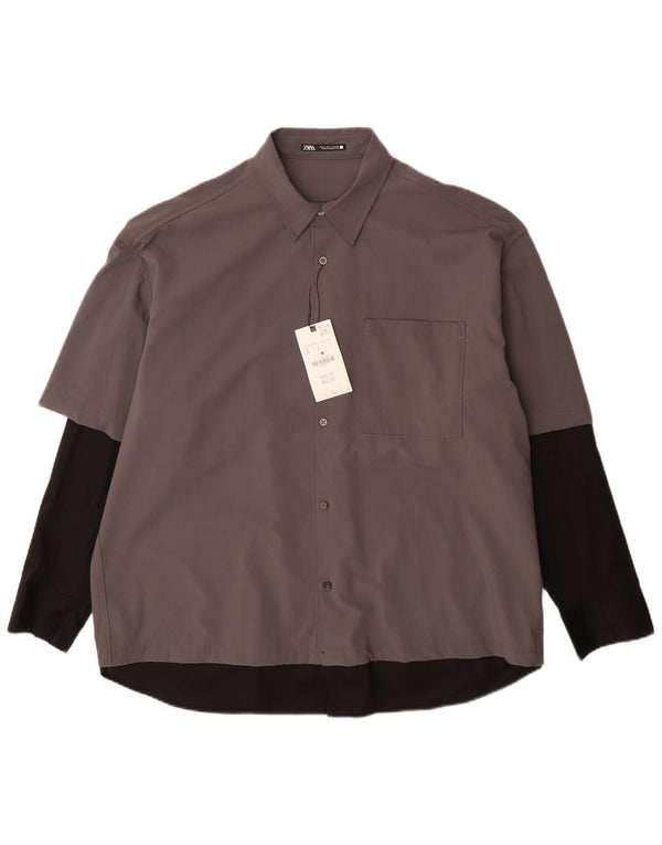 Zara Mens Shirt Large Grey Colourblock Polyester