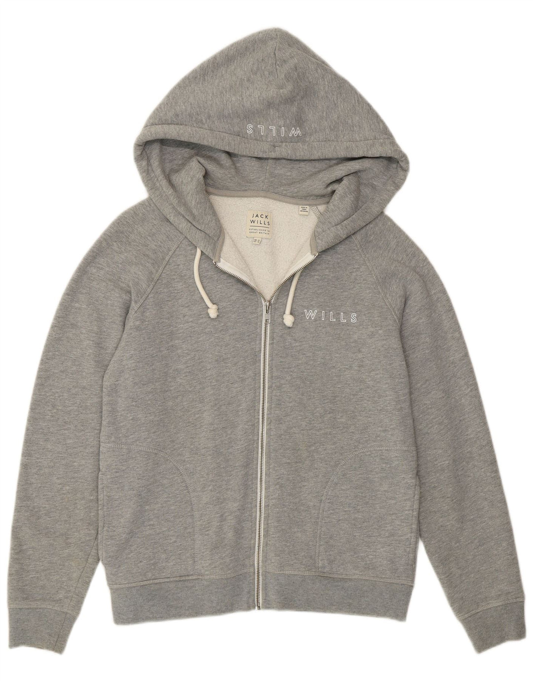 Jack Wills Womens Graphic Zip Hoodie Sweater UK 12 Medium Grey Cotton