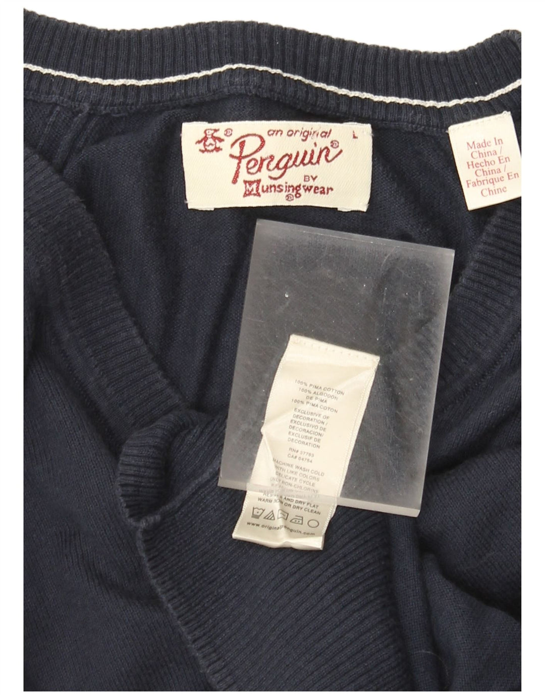 Penguin Mens V-Neck Jumper Sweater Large Navy Blue Cotton