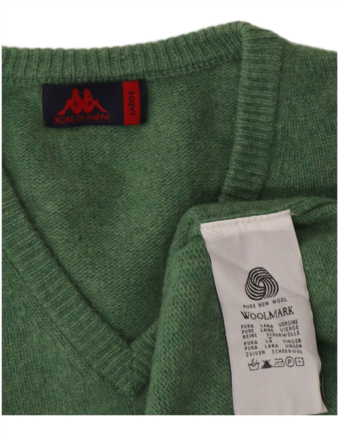 Kappa Mens V-Neck Jumper Sweater Large Green Virgin Wool