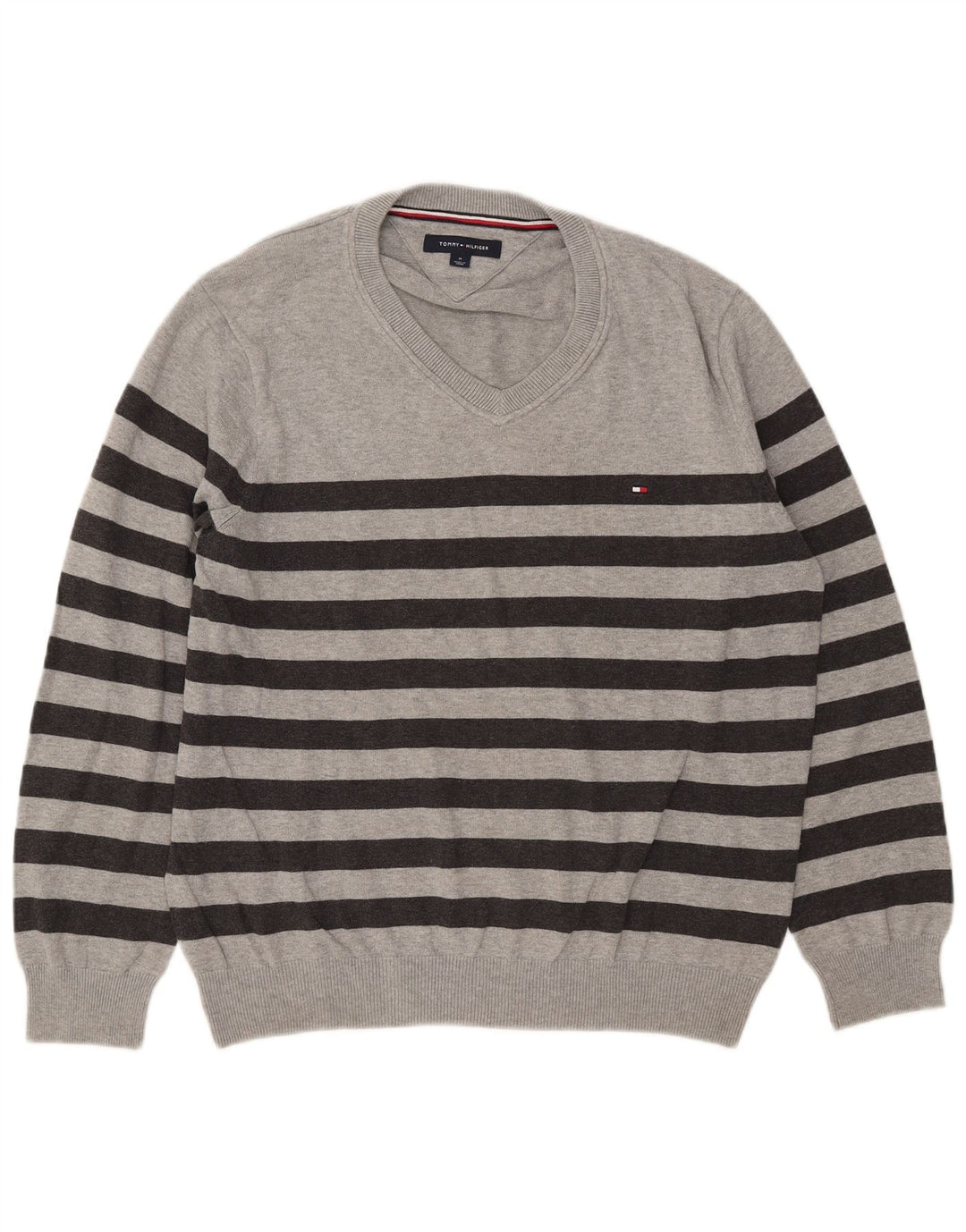 Tommy Hilfiger Mens V-Neck Jumper Sweater Medium Grey Striped Cotton
