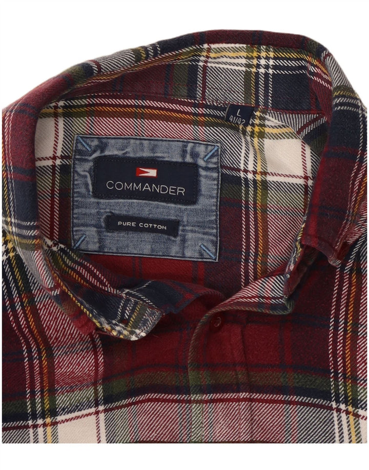 COMMANDER Mens Flannel Shirt Size 41/42 Large Burgundy Check Cotton