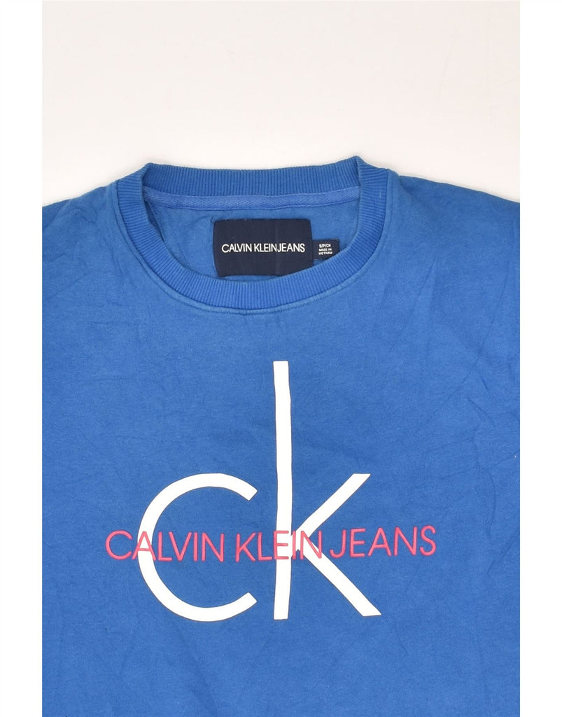 CALVIN KLEIN Womens Graphic Sweatshirt Jumper UK 10 Small Blue Cotton | Vintage Calvin Klein | Thrift | Second-Hand Calvin Klein | Used Clothing | Messina Hembry 