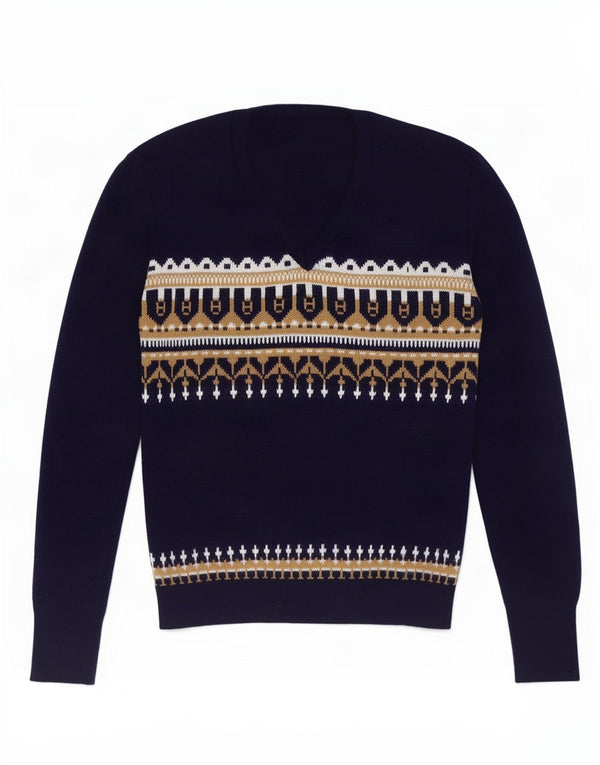 Vintage Womens V-Neck Jumper Sweater UK 12 Medium Navy Blue Fair Isle