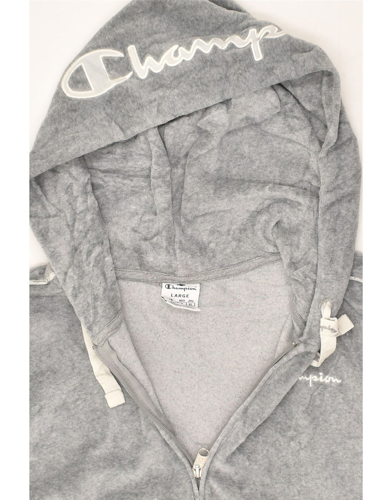 CHAMPION Womens Velour Hoodie Jumper UK 16 Large Grey Cotton | Vintage Champion | Thrift | Second-Hand Champion | Used Clothing | Messina Hembry 