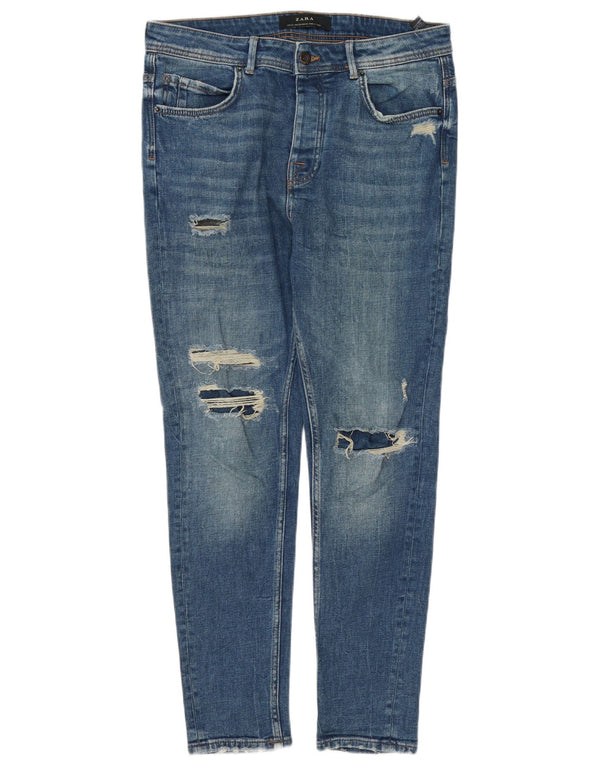 Zara Mens Distressed Tapered Jeans EU 42 Large W32 L28 Blue Cotton