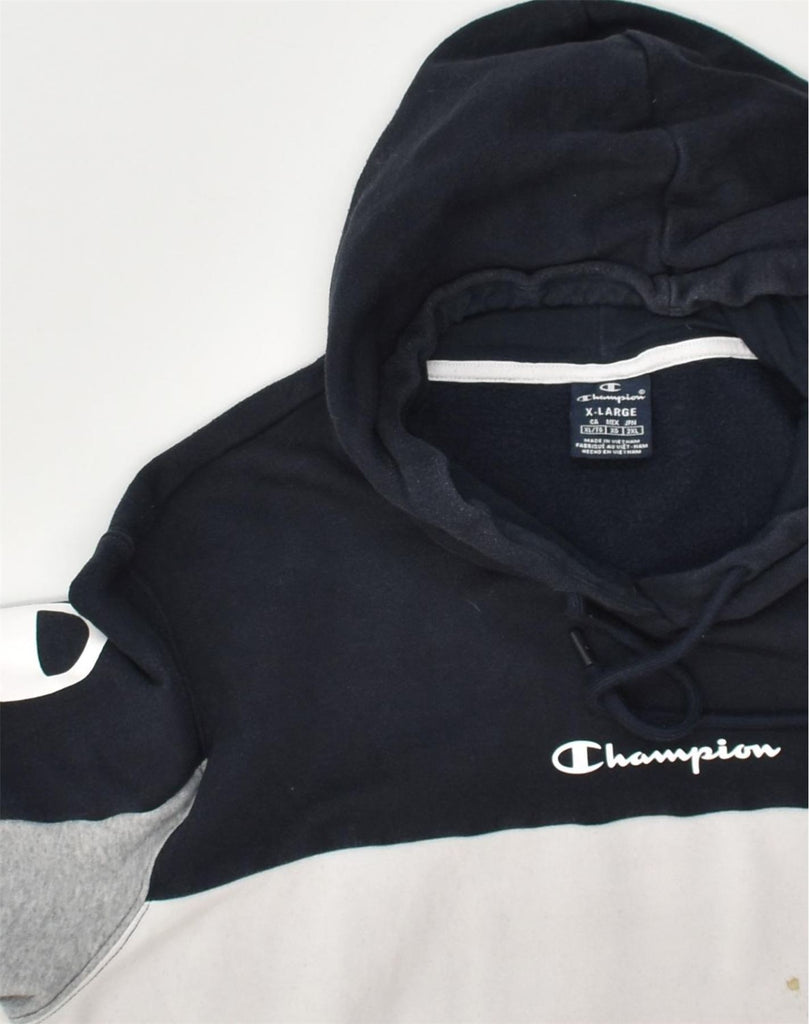 CHAMPION Womens Hoodie Jumper UK 18 XL Navy Blue Colourblock Cotton | Vintage Champion | Thrift | Second-Hand Champion | Used Clothing | Messina Hembry 