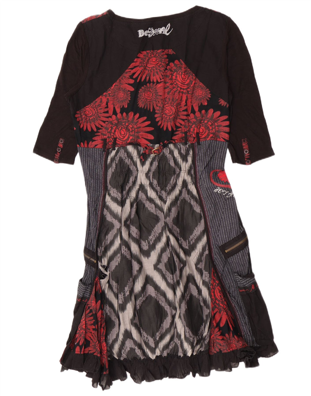 Desigual Womens Empire Dress EU 42 Large Black Patchwork Cotton