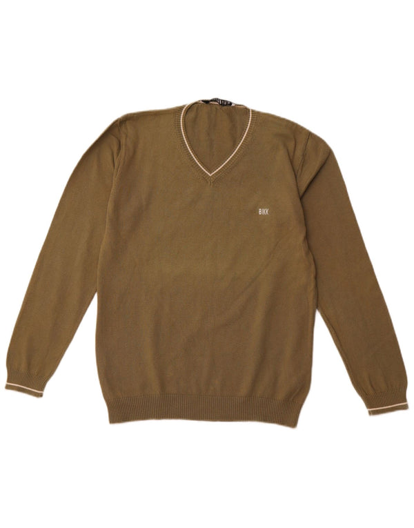 BIKKEMBERGS Boys V-Neck Jumper Sweater 11-12 Years Khaki Cotton