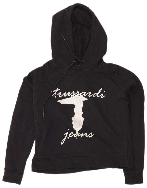 Trussardi Jeans Womens Oversized Crop Graphic Hoodie Jumper UK 6 XS Black