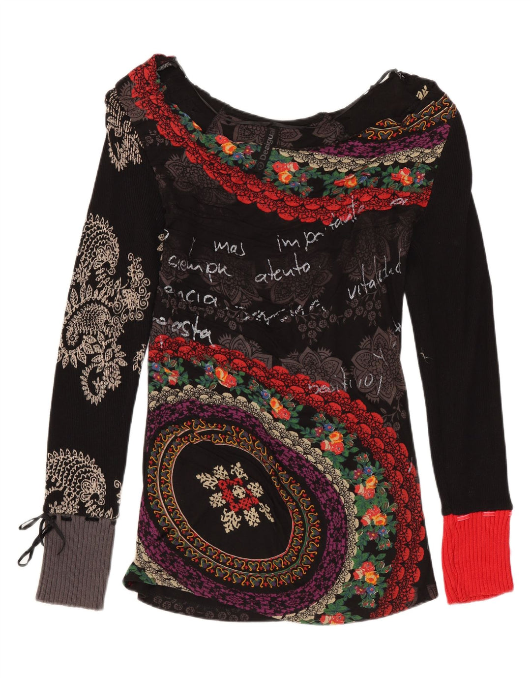 DESIGUAL Womens Graphic Top Long Sleeve UK 12 Medium Black Floral Cotton
