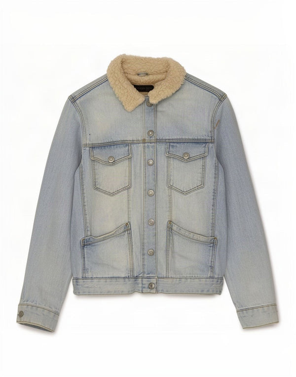 Topshop Womens Sherpa Denim Jacket UK 10 Small Blue Colourblock Cotton