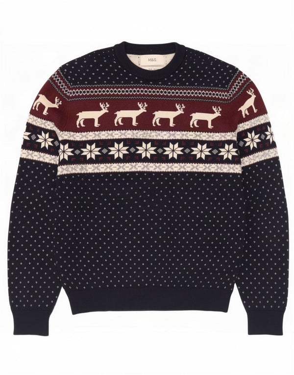 Marks & Spencer Mens Crew Neck Jumper Sweater Medium Navy Blue Fair Isle