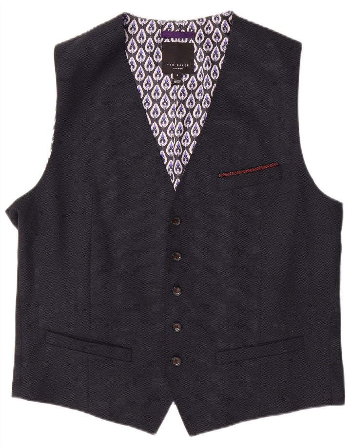 TED BAKER Mens Waistcoat Size 5 XL Navy Blue Floral Polyester