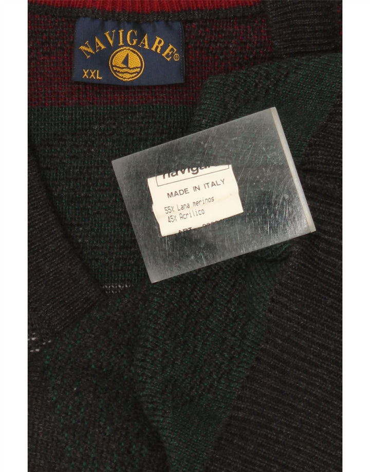 NAVIGARE Mens V-Neck Jumper Sweater 2XL Green Argyle/Diamond Merino Wool