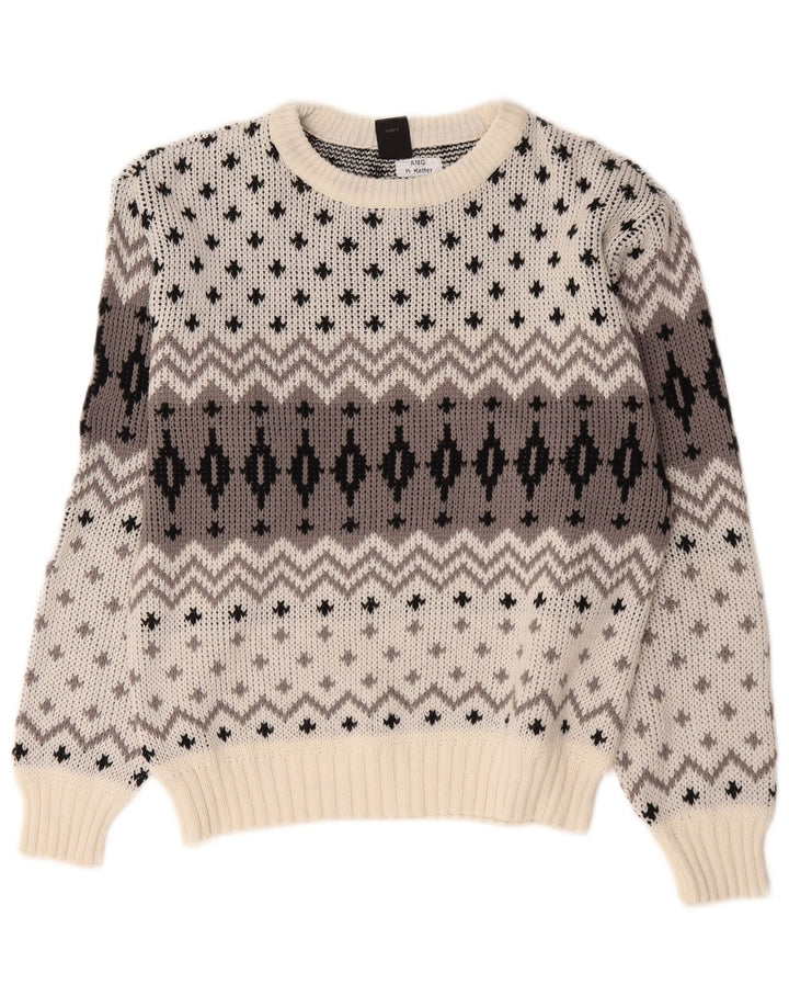 C&A Mens Crew Neck Jumper Sweater EU 48/50 Medium White Fair Isle