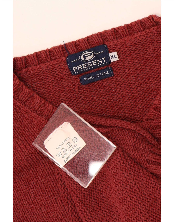 Vintage Mens V-Neck Jumper Sweater XL Maroon Cotton