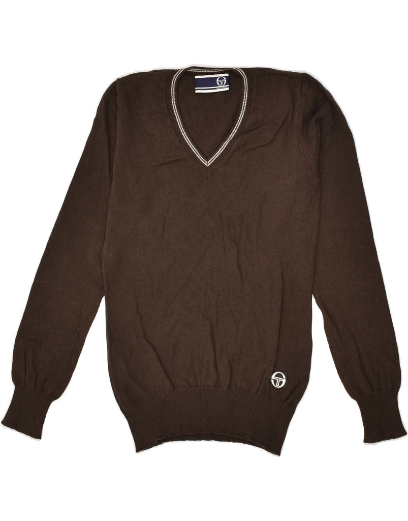 SERGIO TACCHINI Womens V-Neck Jumper Sweater UK 6 XS Brown Cotton | Vintage Sergio Tacchini | Thrift | Second-Hand Sergio Tacchini | Used Clothing | Messina Hembry 