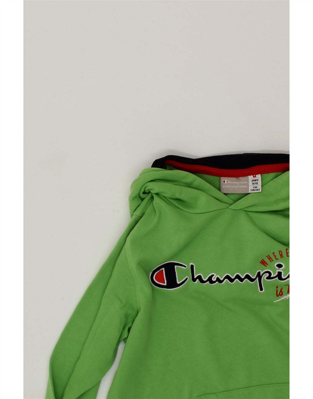 CHAMPION Boys Graphic Hoodie Jumper 9-10 Years Medium Green Vintage Champion and Second-Hand Champion from Messina Hembry 