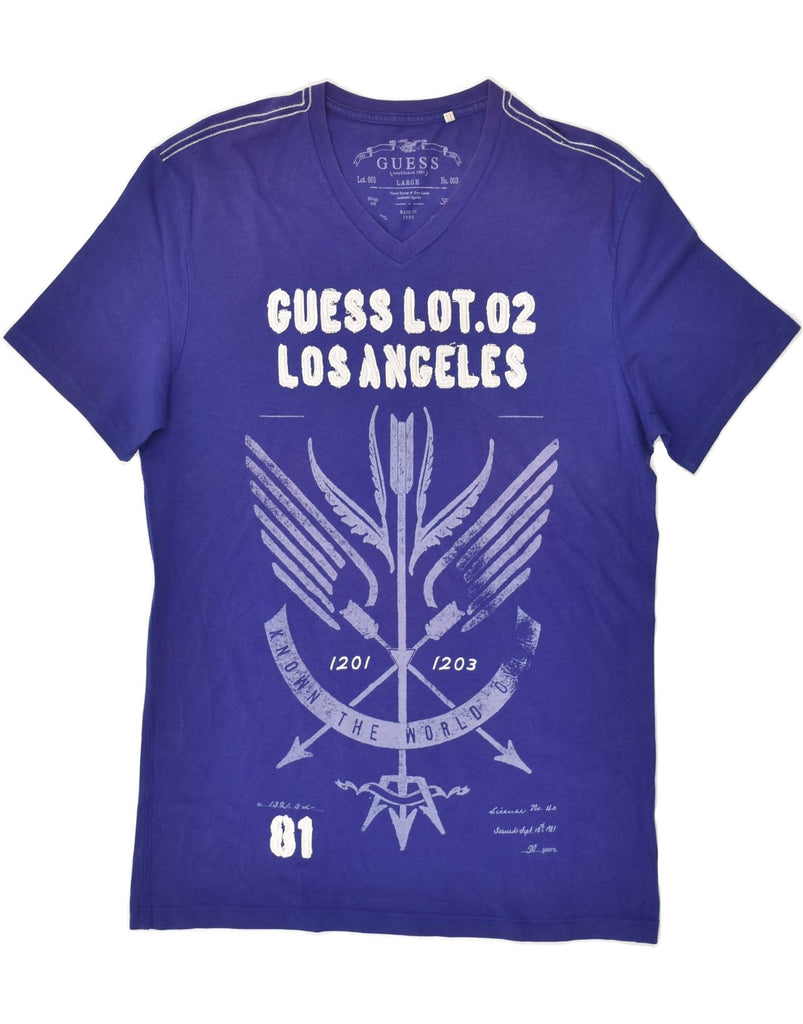 GUESS Mens Slim Graphic T-Shirt Top Large Blue Cotton | Vintage Guess | Thrift | Second-Hand Guess | Used Clothing | Messina Hembry 