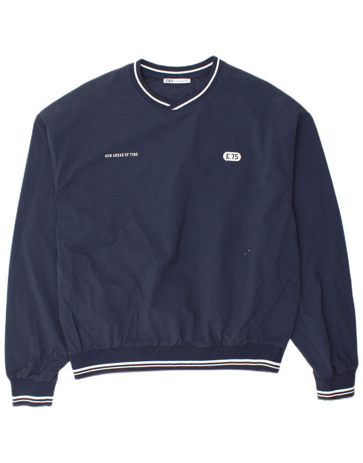 Zara Mens New York Graphic Loose Fit Pullover Tracksuit Top Small Navy Blue